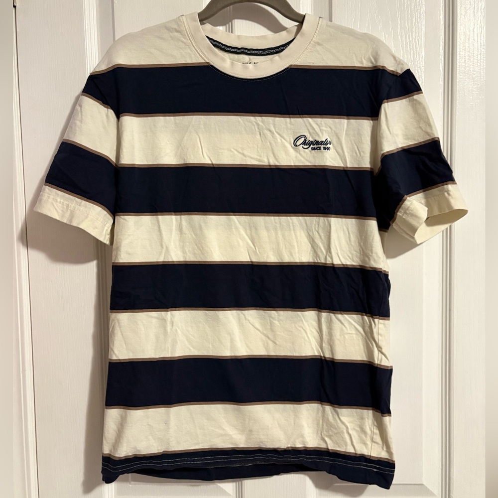 Jack and Jones Navy and Cream Striped Short Sleeve Tee